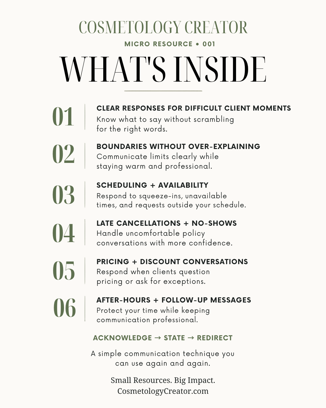 An informational 'What's Inside' page for a 'Cosmetology Creator' micro resource, outlining six key communication strategies with numbered headings and descriptive bullet points on a light beige background.