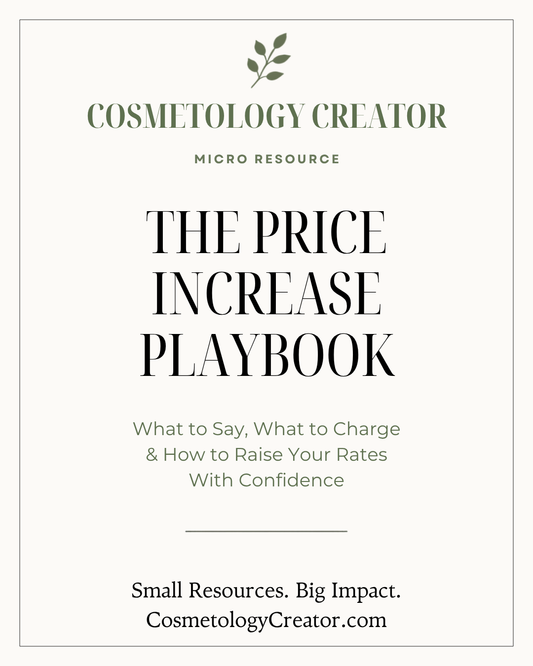 A book cover for 'The Price Increase Playbook' by Cosmetology Creator, featuring a clean off-white background with dark green and black text.