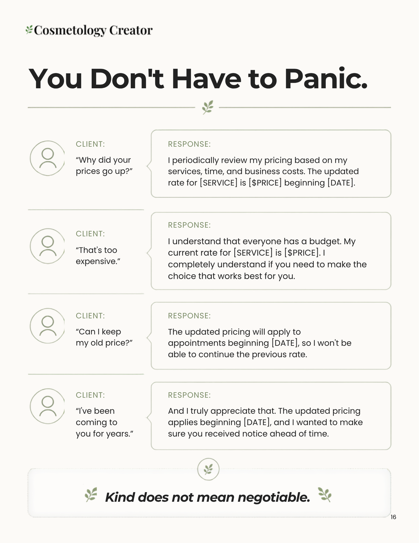 A digital infographic template titled 'You Don't Have to Panic.' by Cosmetology Creator, featuring five illustrated client-response dialogue boxes with tips on communicating pricing adjustments in a professional manner.