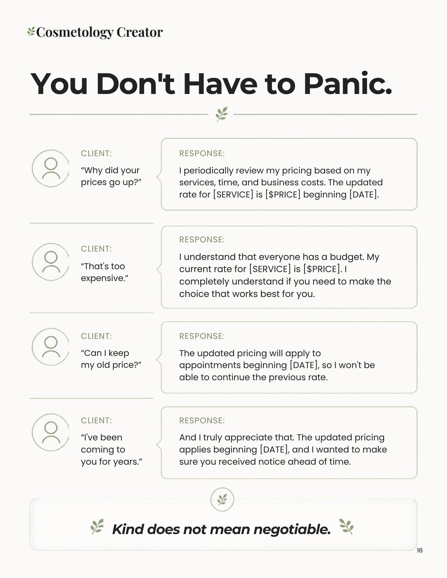 A digital infographic template titled 'You Don't Have to Panic.' by Cosmetology Creator, featuring five illustrated client-response dialogue boxes with tips on communicating pricing adjustments in a professional manner.