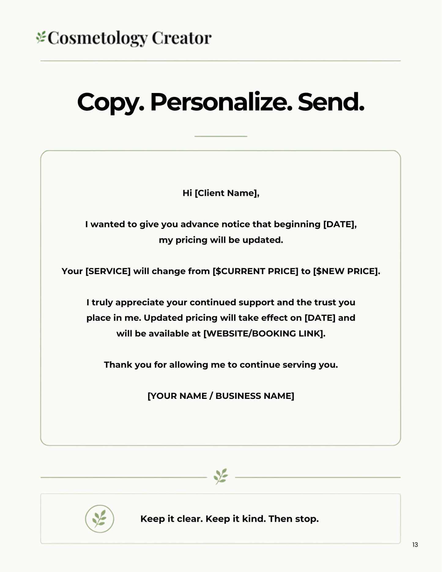 A digital template for a personalized email or letterhead, titled 'Copy. Personalize.