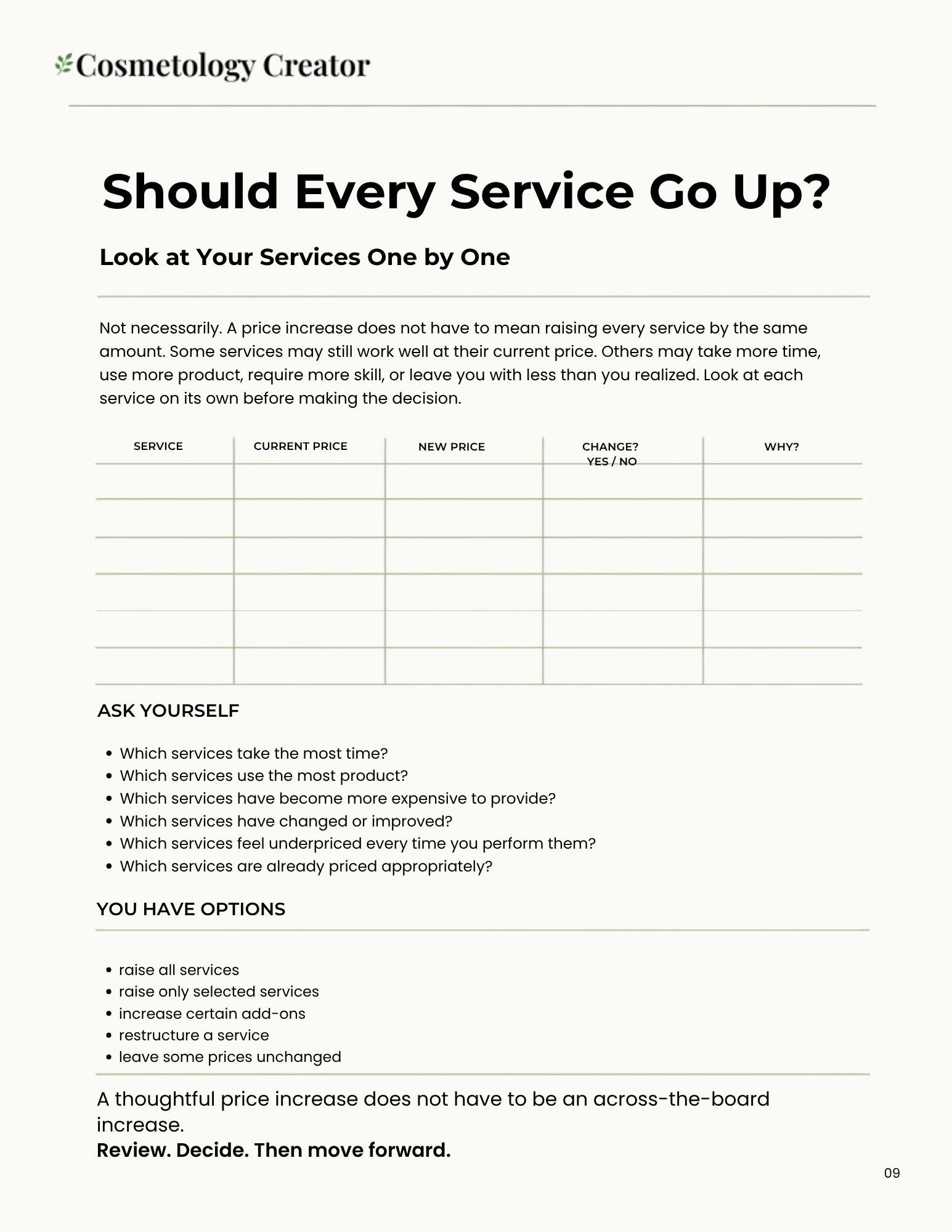 A document page titled 'Should Every Service Go Up?' with the header 'Cosmetology Creator' at the top left. The page contains explanatory text about pricing and service review decisions, plus a blank table for tracking service, current price, new price, change/why notes, and a checklist titled 'ASK YOURSELF' and 'YOU HAVE OPTIONS'.